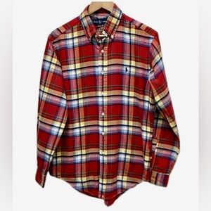 Ralph Lauren button down shirt, cotton flannel plaid, long sleeve, red, yellow M